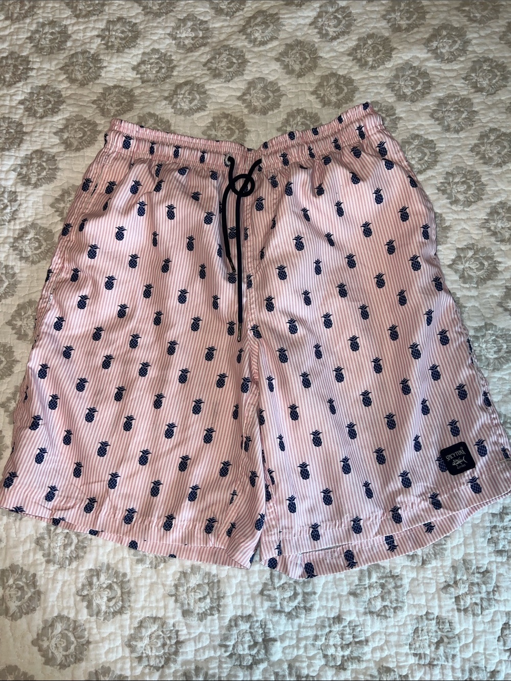 Men's Pink Pineapple-Print Swim Trunks with Navy Drawstring